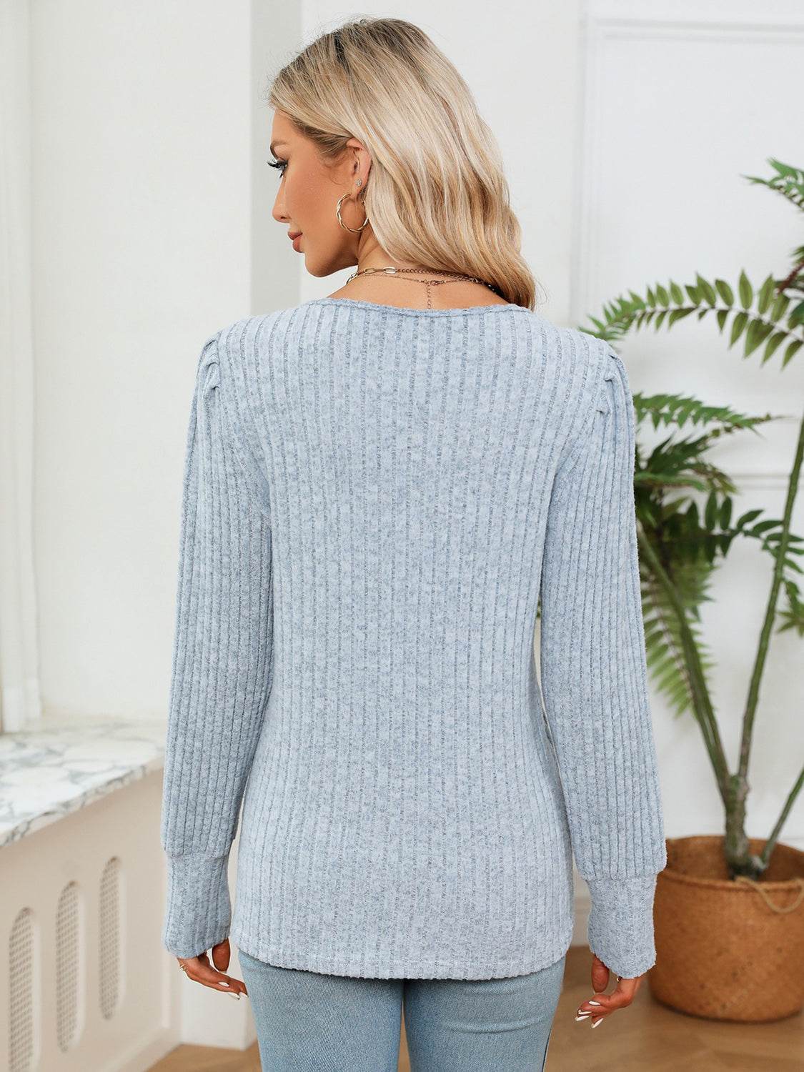 Lace Detail V-Neck Blouse with Ribbed Texture - Opaque, Slightly Stretchy Fabric - Store 42
