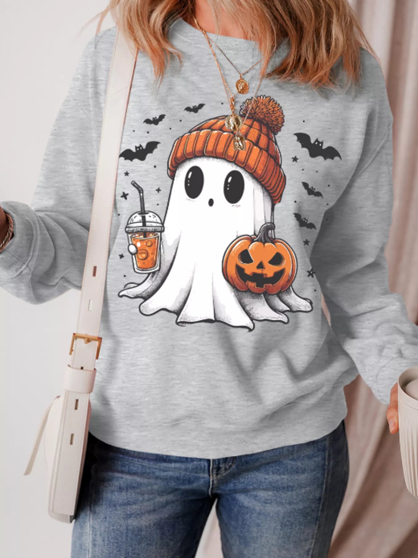 Spooky Chic Halloween Ghost Round Neck Sweatshirt - Cozy 50% Cotton Blend, Slightly Stretchy