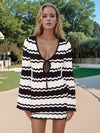 Wavy Striped Tied Front Long Sleeve Cover-Up Dress Black White