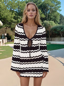 Wavy Striped Tied Front Long Sleeve Cover-Up Dress Black White