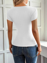 Lace Detail Short Sleeve T-Shirt with Buttoned Closure - Stretchy Polyester Blend Top - Store 42