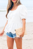 Bow Knot Decor Square Neck Puff Sleeve Peplum Top