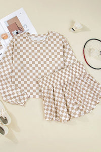 Checkered Long Sleeve Top and Skirt Two-Piece Set