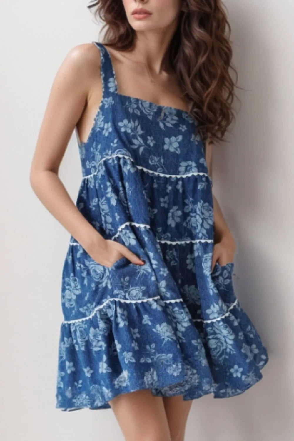 Floral Tiered Denim Dress with Square Neck - 70% Denim, 30% Cotton, Machine Washable
