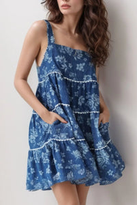 Floral Tiered Square Neck Denim Dress Medium