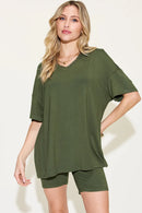 Basic Bae Full Size V-Neck Drop Shoulder T-Shirt and Shorts Set Matcha Green