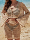 Full Size Openwork Flare Sleeve Top and Skirt Cover Up Set Tan