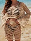 Full Size Openwork Flare Sleeve Top and Skirt Cover Up Set Tan