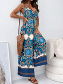 Printed V-Neck Wide Leg Jumpsuit Peacock Blue