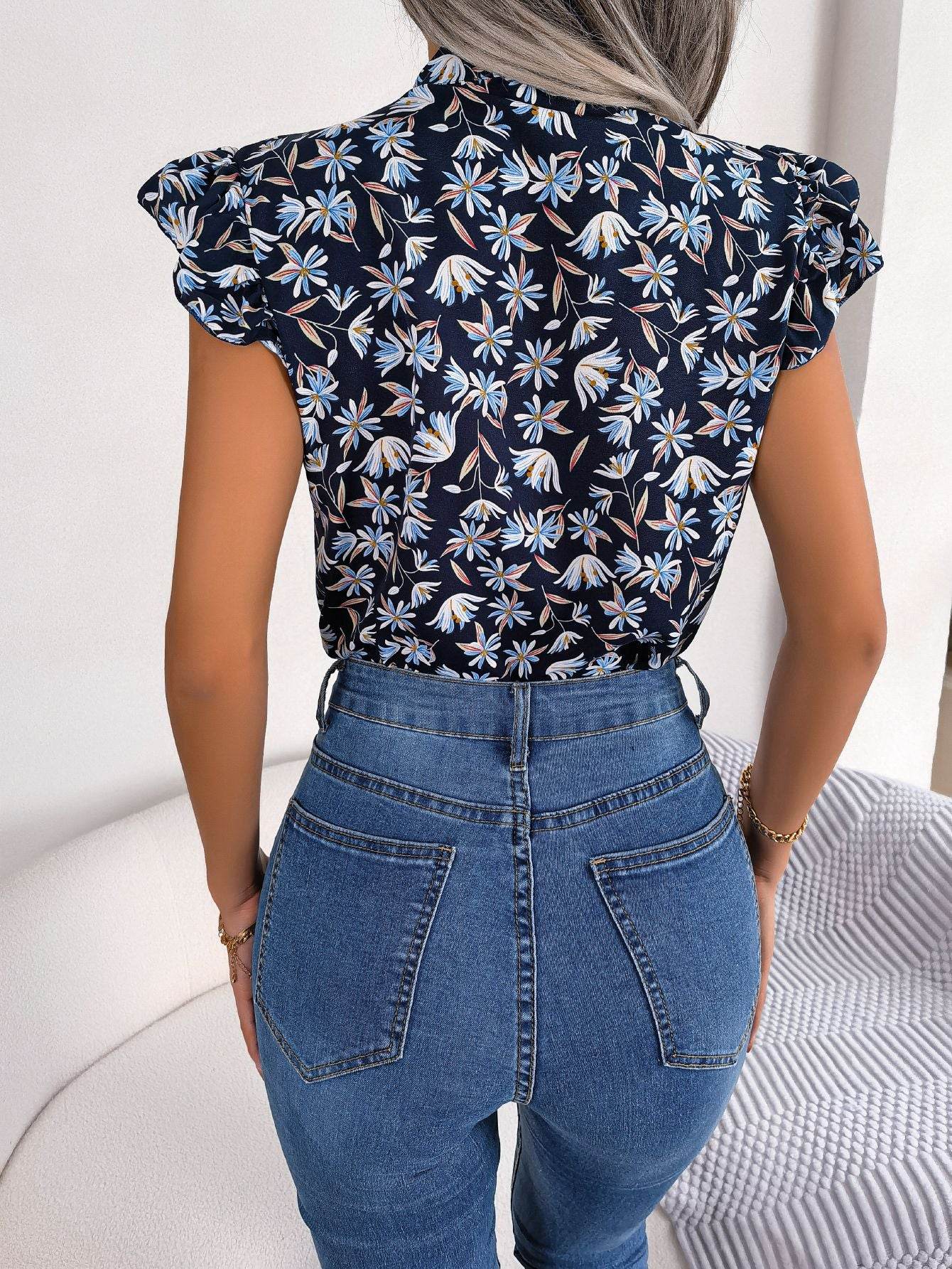 Floral Printed Tie Neck Blouse with Flutter Cap Sleeves - Casual Opaque Top - Store 42
