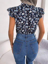 Floral Printed Tie Neck Blouse with Flutter Cap Sleeves - Casual Opaque Top - Store 42