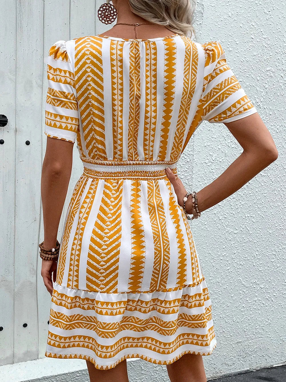 Perfee Geometric Notched Mini Dress with Short Sleeves - 100% Polyester, Opaque Style