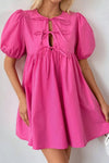 Puff Sleeve Tie Front High Waist Mini Dress Hot Pink