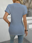 Trendy Hollow Out Waffle Knit Short Sleeve T-Shirt - Soft Stretchy Fabric, Eyelet Detail - Store 42
