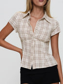 Plaid Short Sleeve Button-Up Shirt Khaki