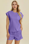 Double Take Full Size Pocketed Texture Round Neck Top and Shorts Set Lavender