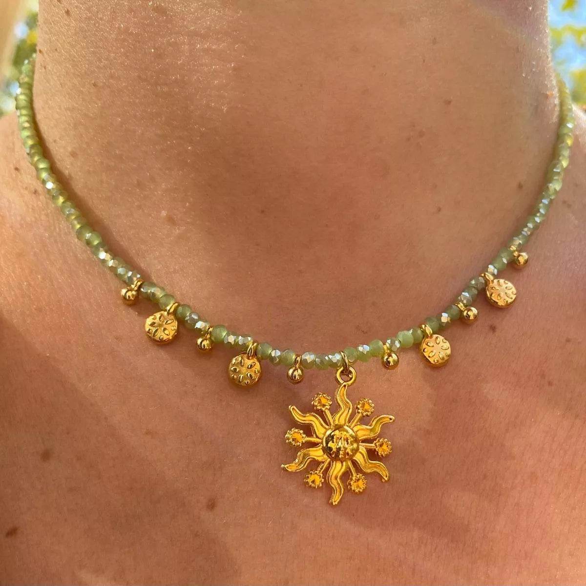 14K Gold-Plated Sun Pendant Necklace with Beads - Elegant Copper Jewelry for Everyday Wear - Store 42