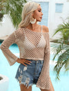Hollow Out Boat Neck Flare Sleeve Cover-Up Tan