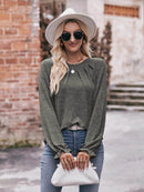 Slightly Stretchy Ruched Round Neck Long Sleeve T-Shirt - Casual Everyday Essential - Store 42