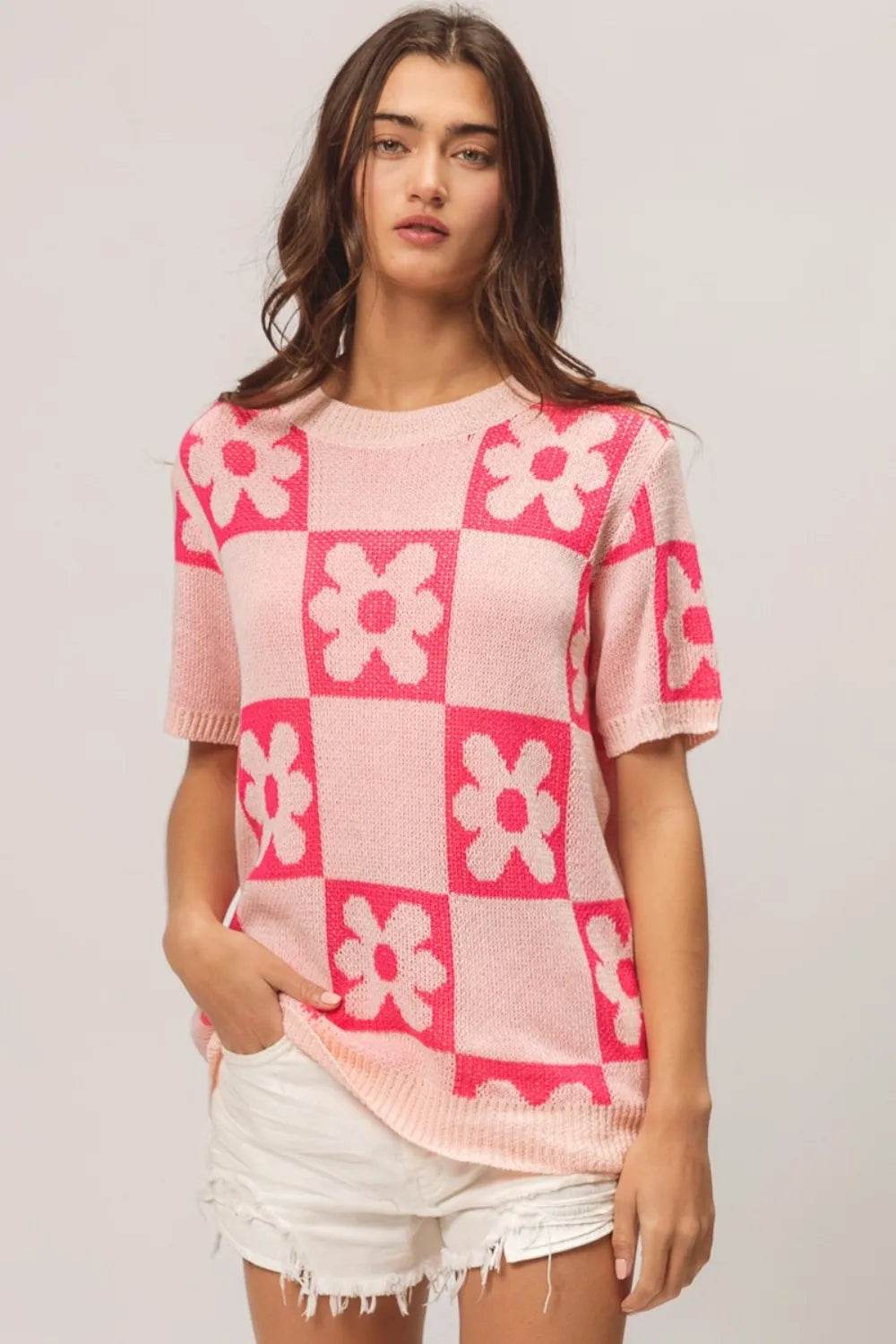 BiBi Floral Checker Pattern Short Sleeve Sweater - Versatile Style with Unique Design - Store 42