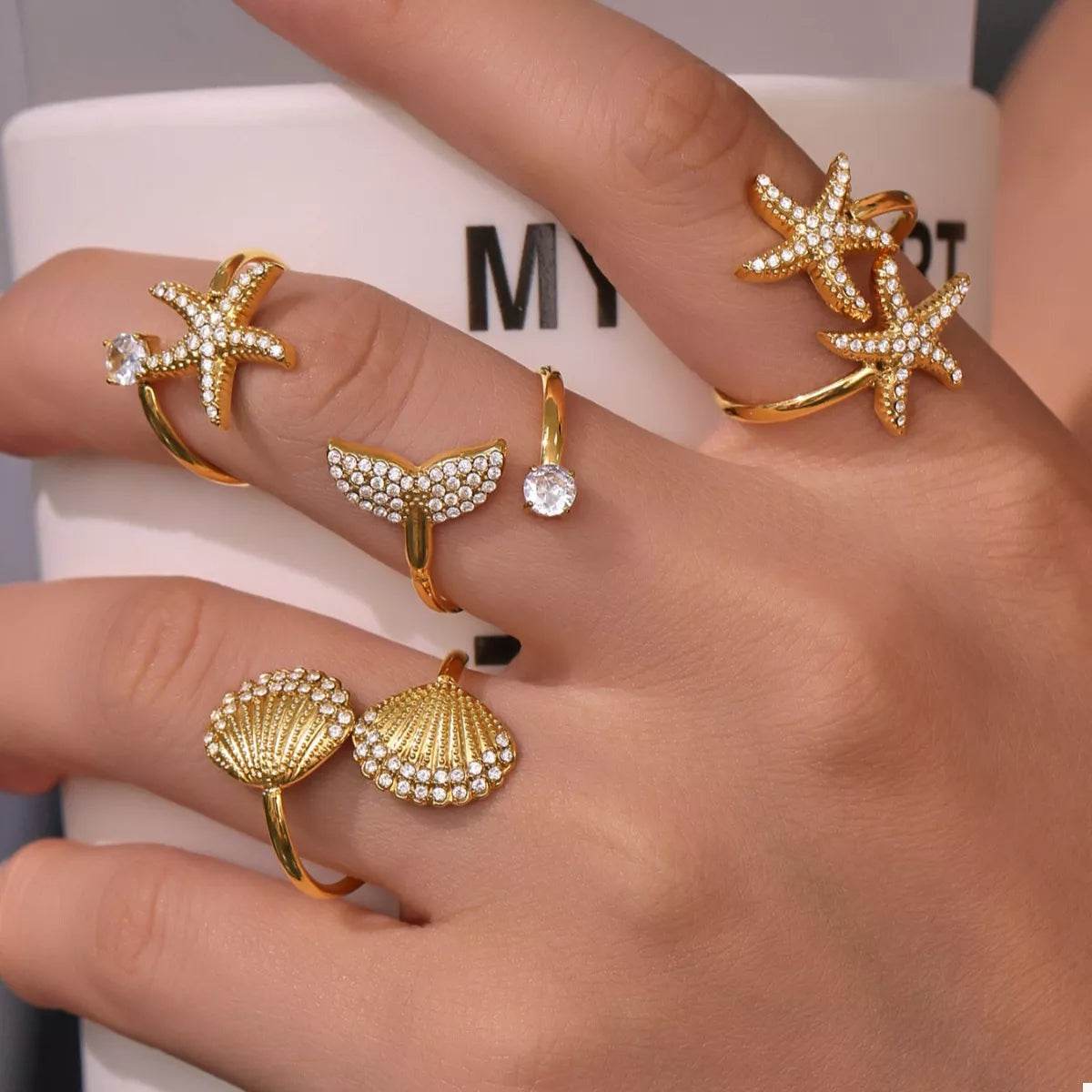 18K Gold-Plated Stainless Steel Zircon Starfish Ring