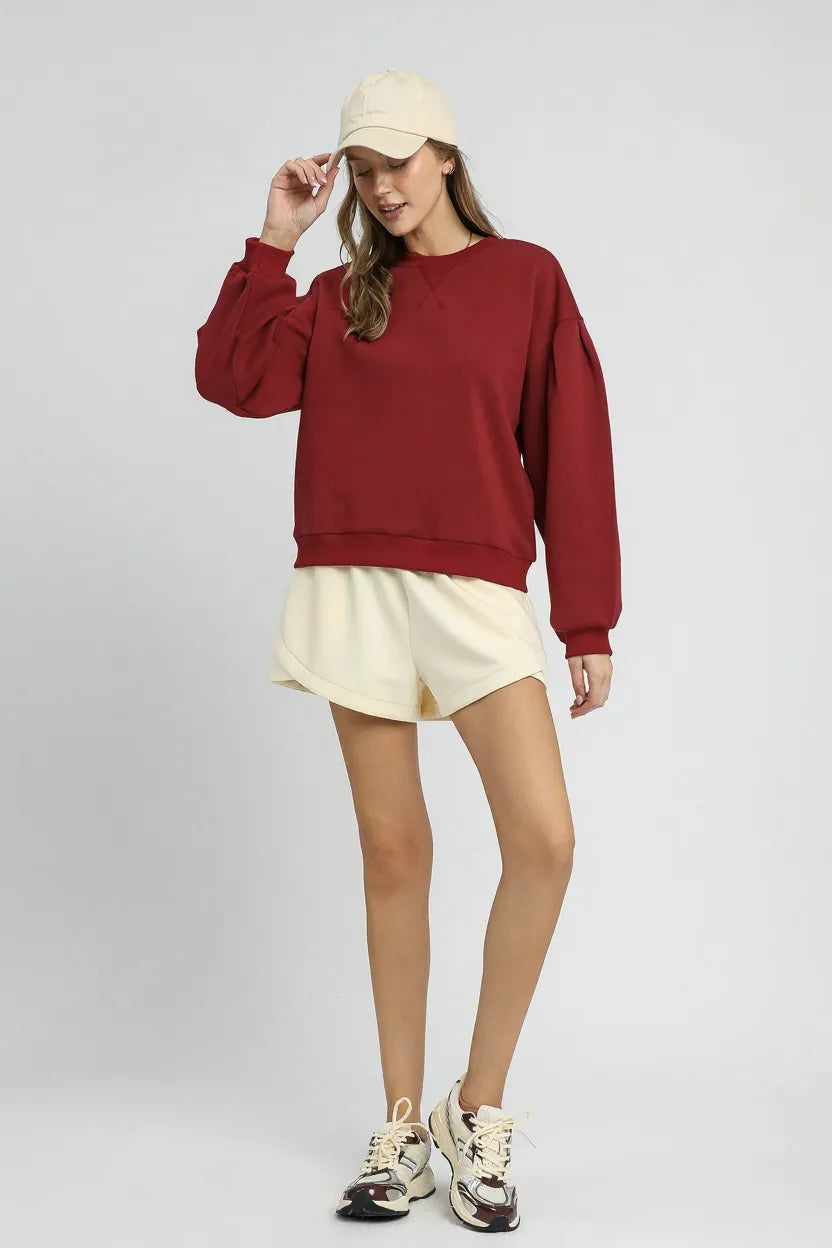 Umgee Women's Round Neck Sweatshirt with Pleated Detail - Stylish, Comfortable & Chic