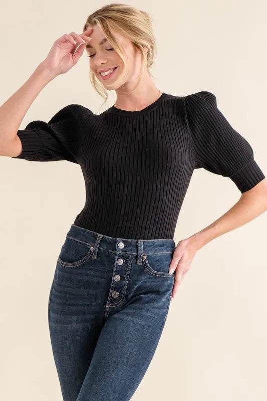 Trendy Puffed Half Sleeve Ribbed Bodysuit in 100% Nylon – Chic & Versatile Wardrobe Essential