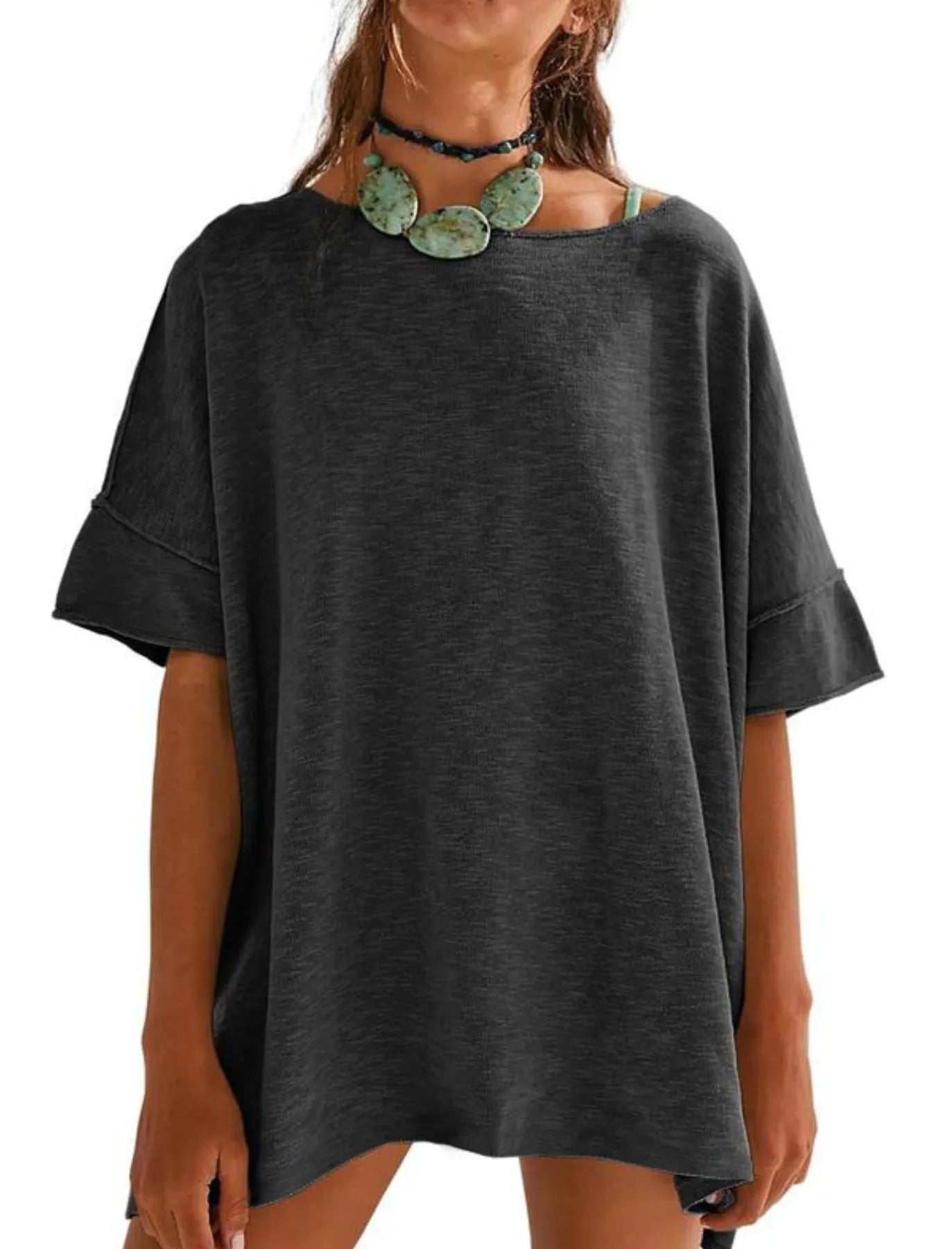 Oversized Round Neck Drop-Shoulder T-Shirt Dark Gray