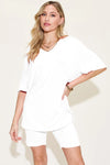 Basic Bae Bamboo Full Size V-Neck Drop Shoulder T-Shirt and Shorts Set White