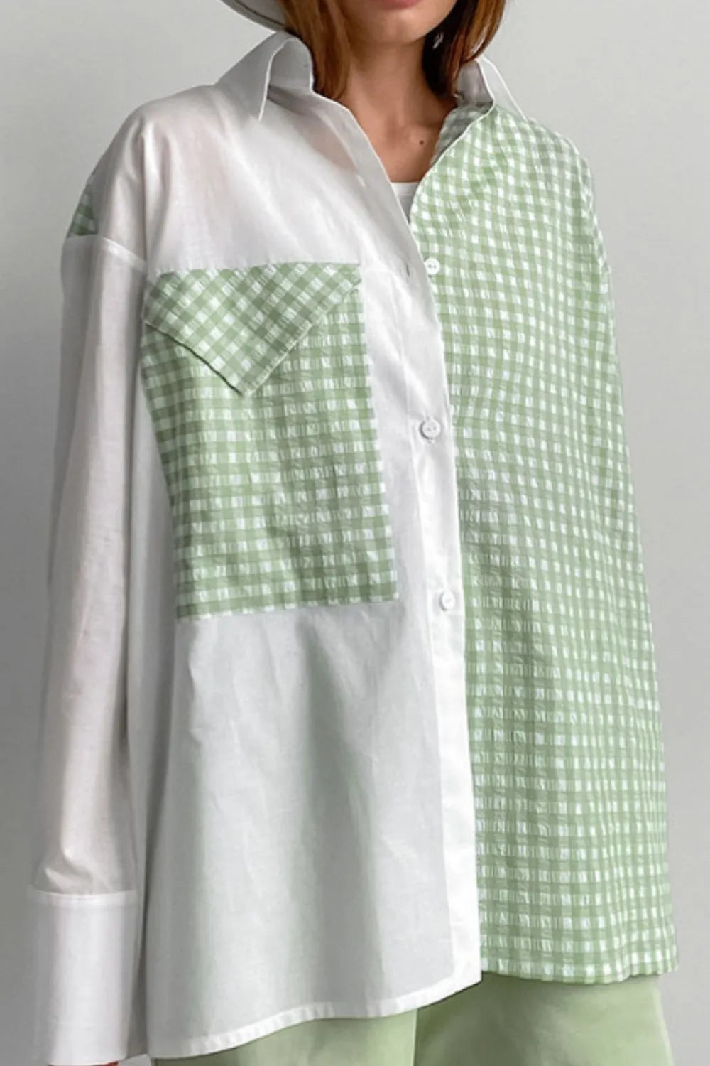 Stylish Two-Tone Plaid Button Down Long Sleeve Shirt with Pocket - Opaque Fabric, Perfect for Layering