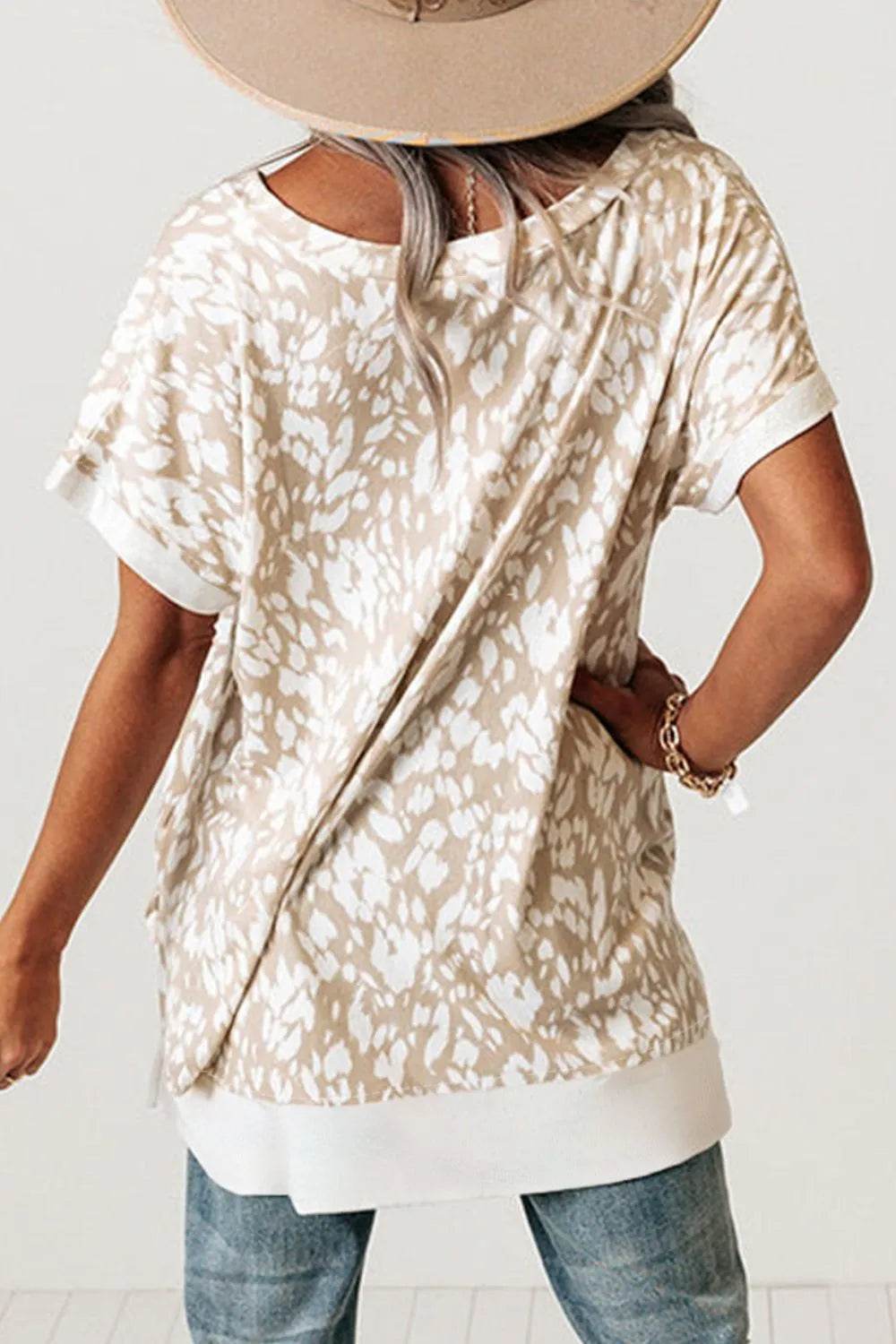 Leopard Print V-Neck T-Shirt with Side Slit - Loose Fit, Stretchy, Casual Style