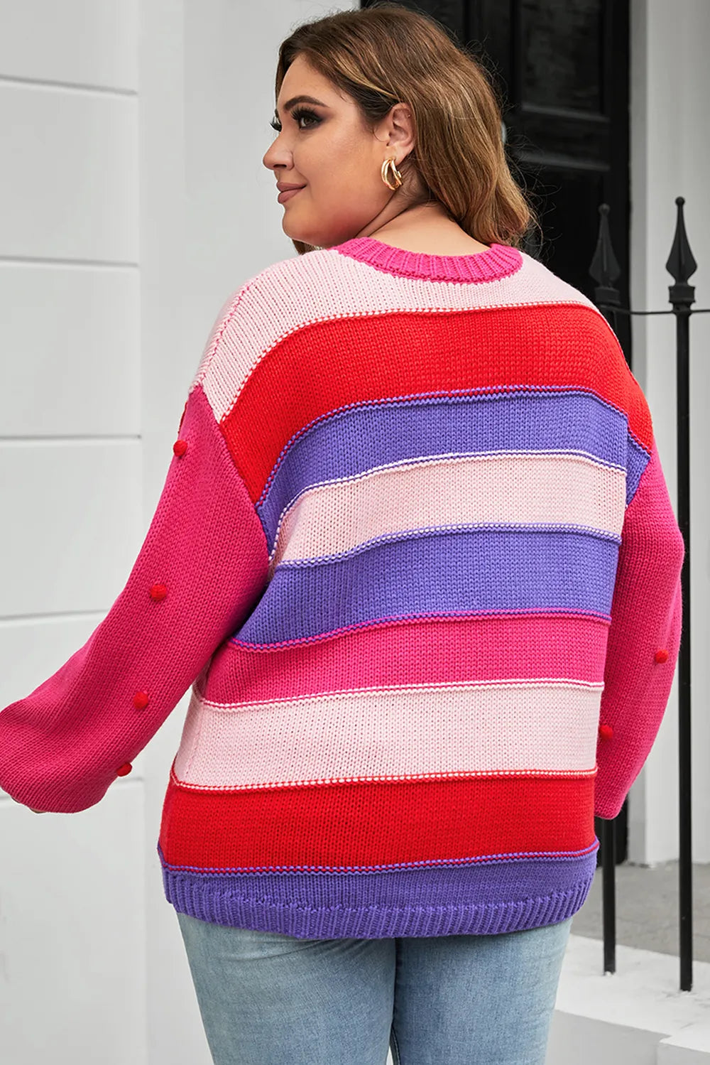 Plus Size Color Block Sweater with Pom-Pom Trim - Slightly Stretchy Acrylic Knit