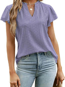 Trendsi Eyelet Notched Short Sleeve T-Shirt with Ruffled Frills - Slightly Stretchy Fabric - Store 42