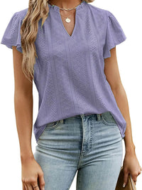 Trendsi Eyelet Notched Short Sleeve T-Shirt with Ruffled Frills - Slightly Stretchy Fabric - Store 42