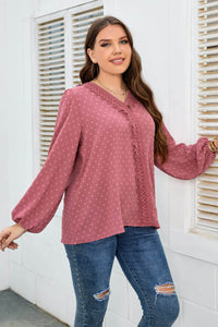 Honey Melo Apparel Plus Size Lace Trim V-Neck Balloon Sleeve Blouse - Store 42