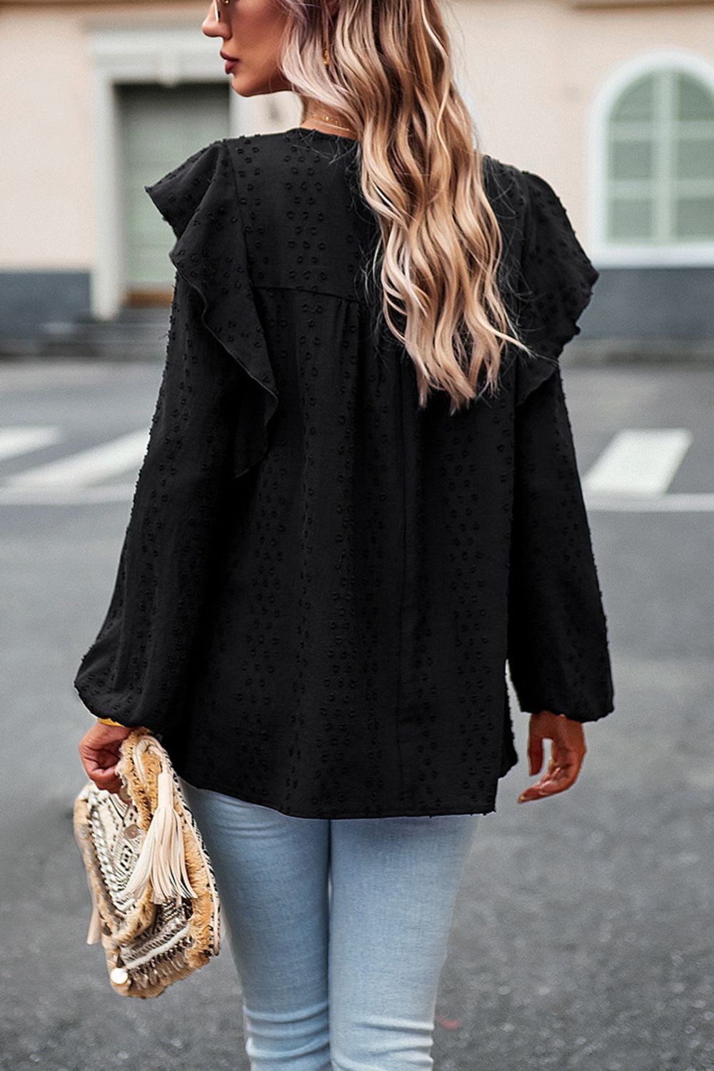 Trendy Devine Ruffle Trim Balloon Sleeve Casual Blouse - Solid Polyester, Round Neck, Long Sleeves
