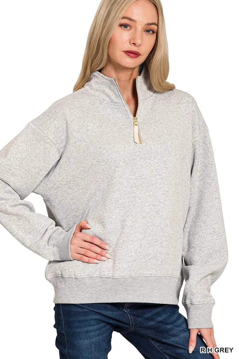 Zenana Fleece Half Zip Pullover Sweatshirt for Women - Soft Cotton Blend, Relaxed Fit, Versatile Style