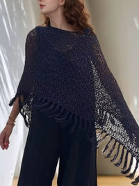 Tassel Boat Neck Knit Shawl Black
