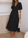 V-Neck Puff Sleeve Midi Dress Black