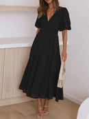 V-Neck Puff Sleeve Midi Dress Black