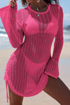 Hollow Out Bell Sleeve Drawstring Knit Cover Up Dress Hot Pink