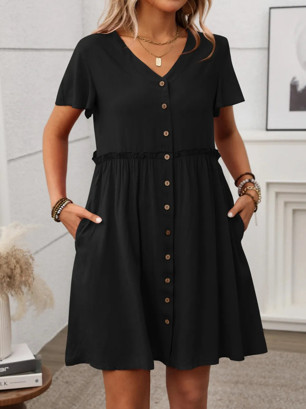 Button Front Flutter Sleeve Dress Black