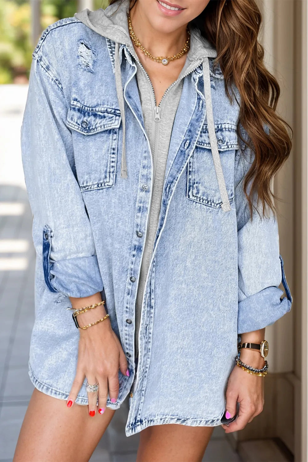 Distressed Denim Jacket for Women - Button Up Long Sleeve, Casual Vintage Style