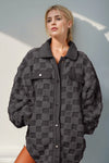 Double Take Button Up Fuzzy Checkered Shacket Black
