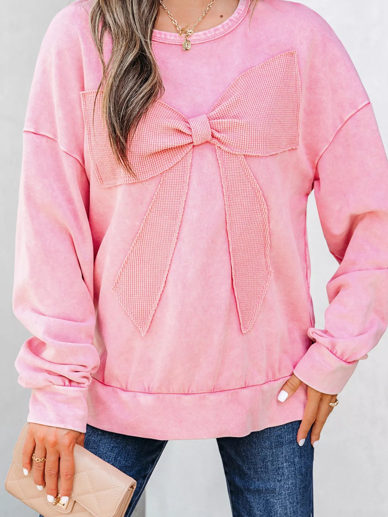 Oversized Mineral Wash Bow Patchwork Sweatshirt - Comfortable 85% Cotton Blend