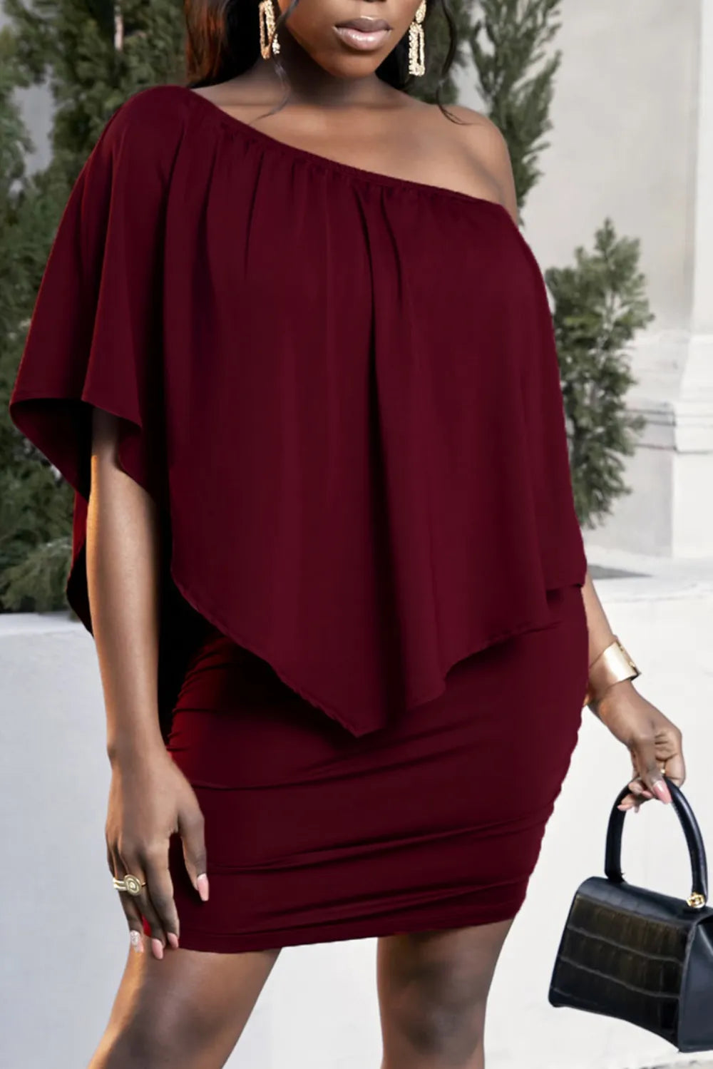 Plus Size One-Shoulder Mini Dress with Half Sleeves - Opaque, No Stretch, Stylish Fit