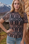 Aztec Print Mock Neck Short Sleeve Mesh T Shirt Coffee Brown