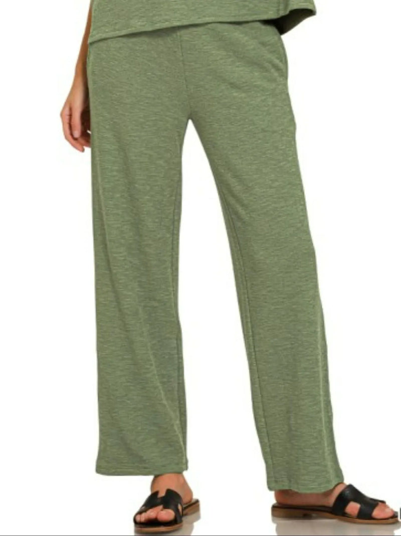 Zenana 2-Piece Lounge Set: Relaxed Fit Asymmetrical Short Sleeve T-Shirt & Wide-Leg Pants