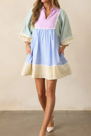 Striped Patchwork Ric Rac Puff Sleeve Collared Mini Dress