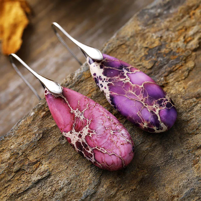 Teardrop Shape Natural Stone Dangle Earrings – 14K Gold-Plated Copper, Unique Patterns